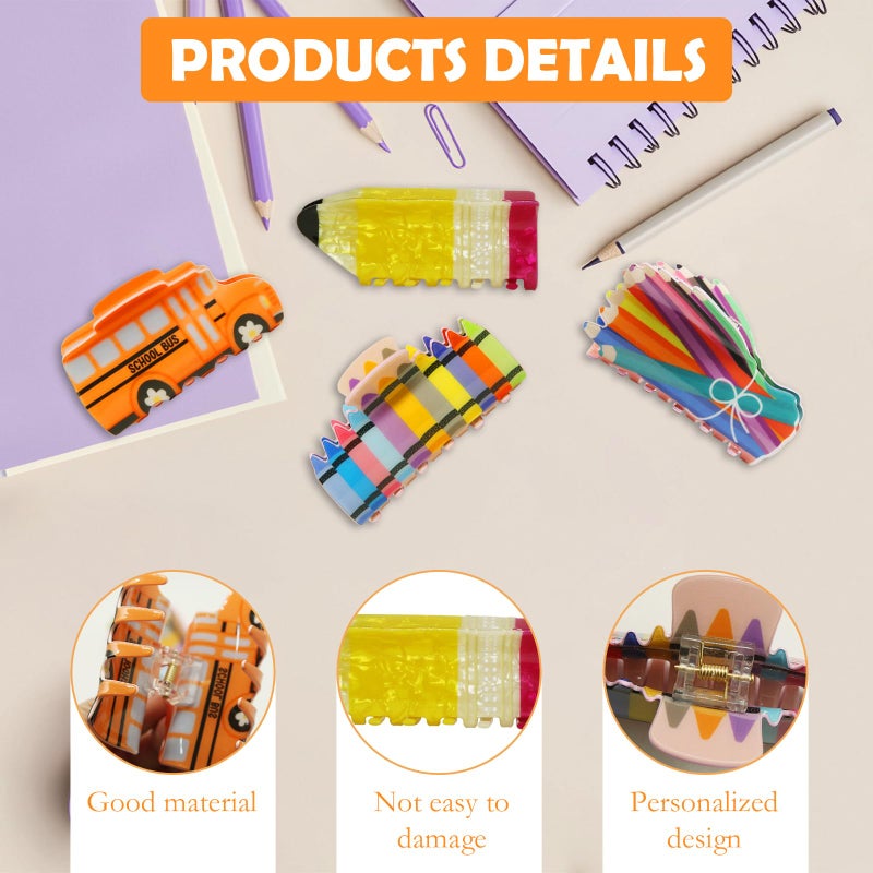CYUXING 4Pcs Cartoon Pencil Car Hairpin, Teacher Claw Clips Supplies Teacher Accessories for Women, Personal Claw Clops Supplies Suitable for Medium to Long Hair - Image 3